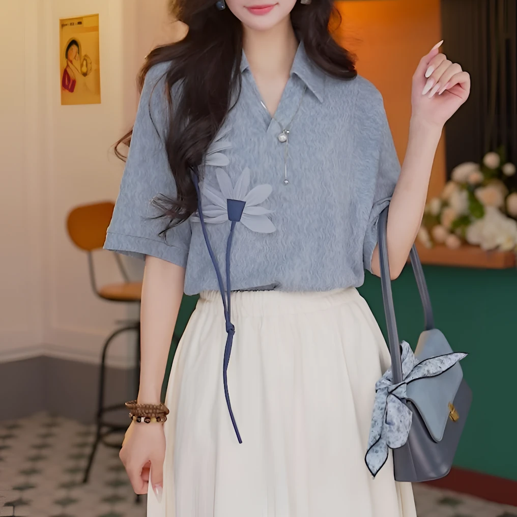 【海浪】波浪褶拼接短袖衬衫女宽松休闲上衣复古立体花朵衬衣