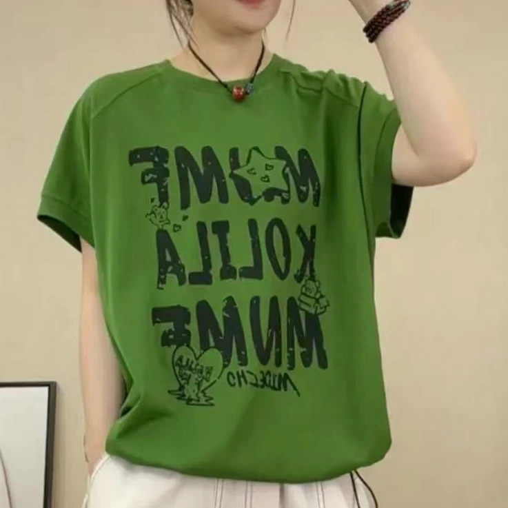 新款夏季时尚印花通勤潮流女士吸汗显瘦半袖圆领T恤短袖宽松休闲