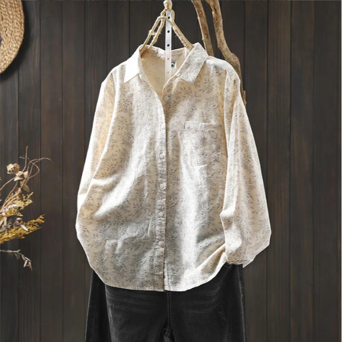 2025春秋新款休闲减龄内搭衬衣纯棉磨毛印花打底衬衫长袖宽松显瘦