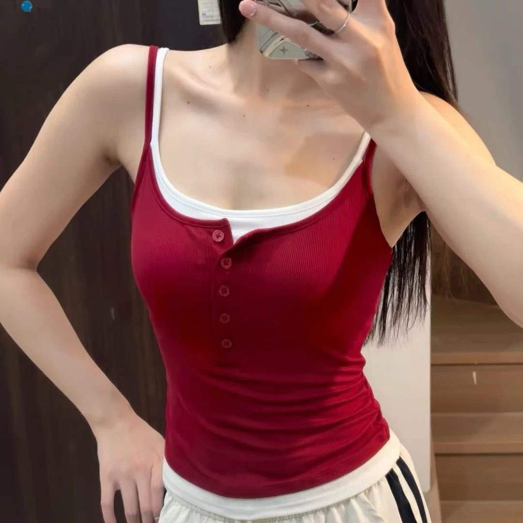 莱赛尔一体杯长款拼色运动背心女瑜伽普拉提纽扣假两件