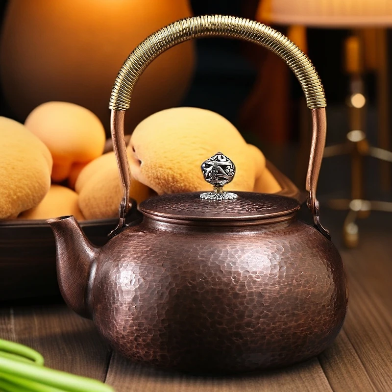 复古中式1.2升扁锤纹铜壶便携礼品泡茶壶办公室轻奢茶壶茶杯套装