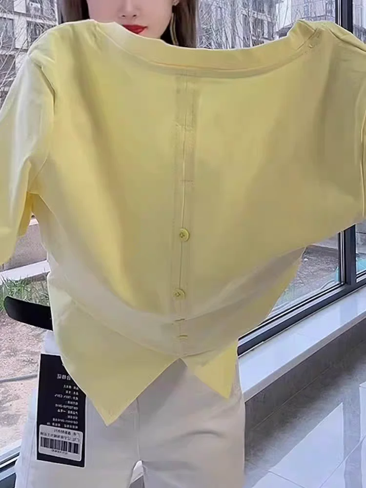 棉质短袖t恤女夏季设计感别致后开叉收腰显瘦修身打底小众上衣