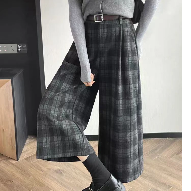 65252款复古毛呢格子休闲裤小个子宽松直筒阔腿八分裤