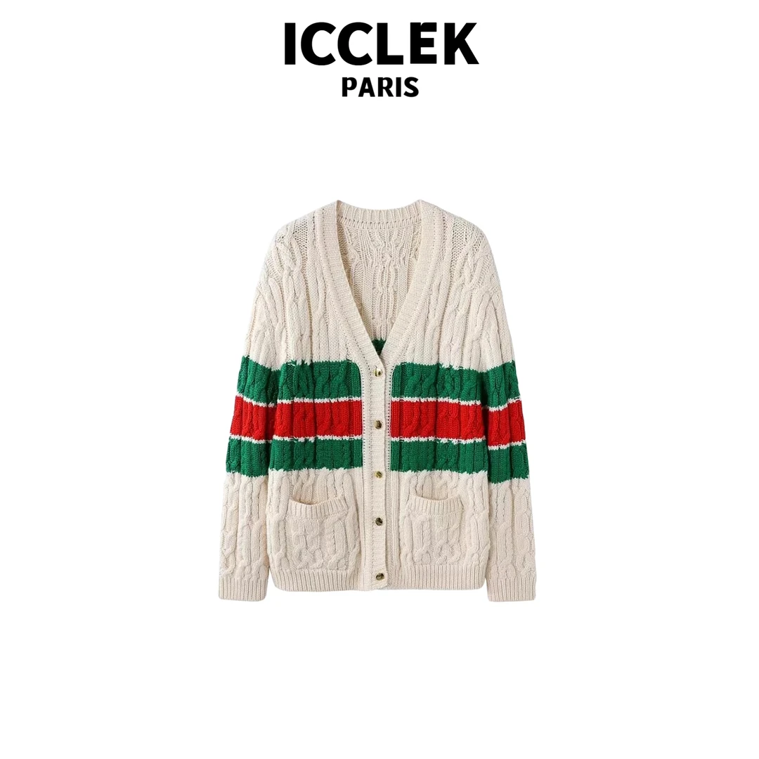 ICCLEK 经典撞色慵懒长袖针织开衫 气质 名媛 秋冬-2922