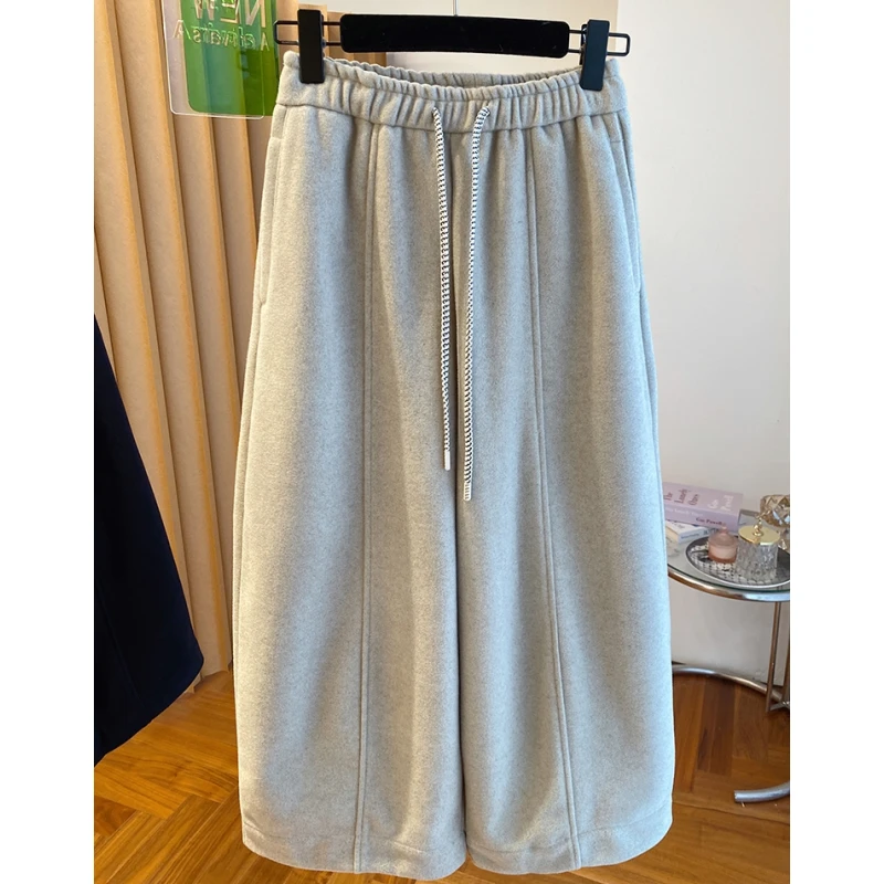 高级感九分毛呢阔腿裤女2025新款冬季韩版宽松休闲裤直筒裤糯米裤
