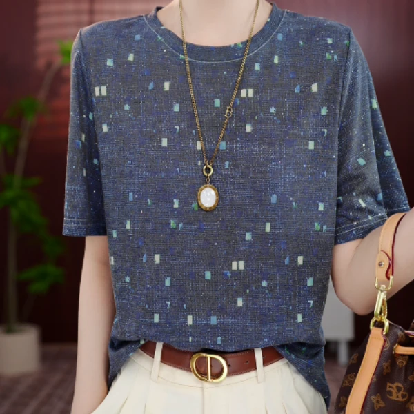 2025新款杭州原版T恤“蓝墨星”宽松撞色短袖t时尚上衣打底女
