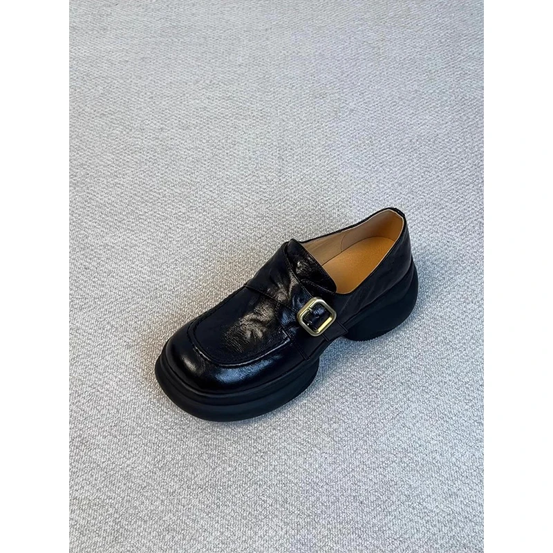 羊皮版~小个子厚底松糕跟乐福鞋女皮带扣单鞋一脚蹬复古风小皮鞋