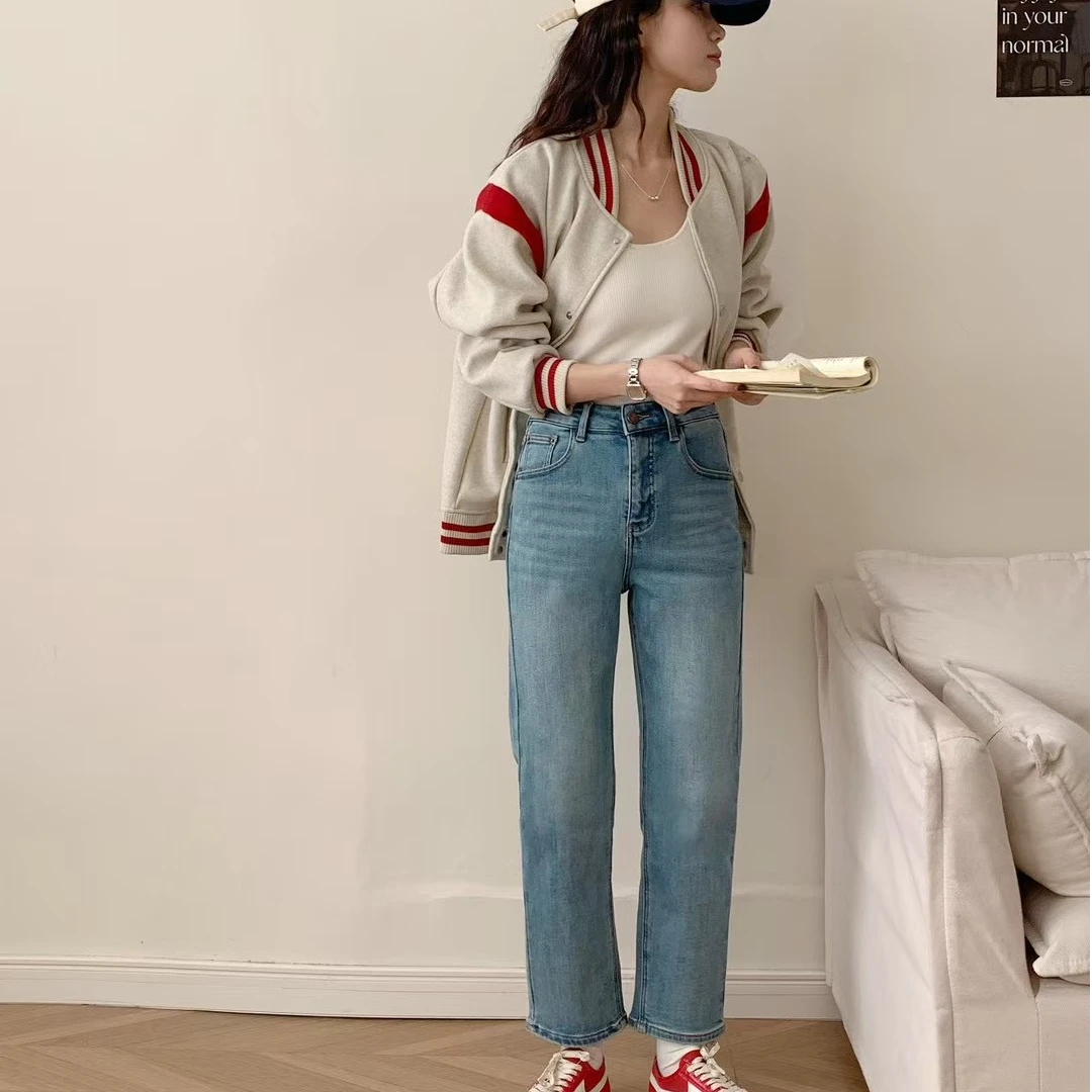 冬季早春特绒浅蓝色小烟管牛仔裤