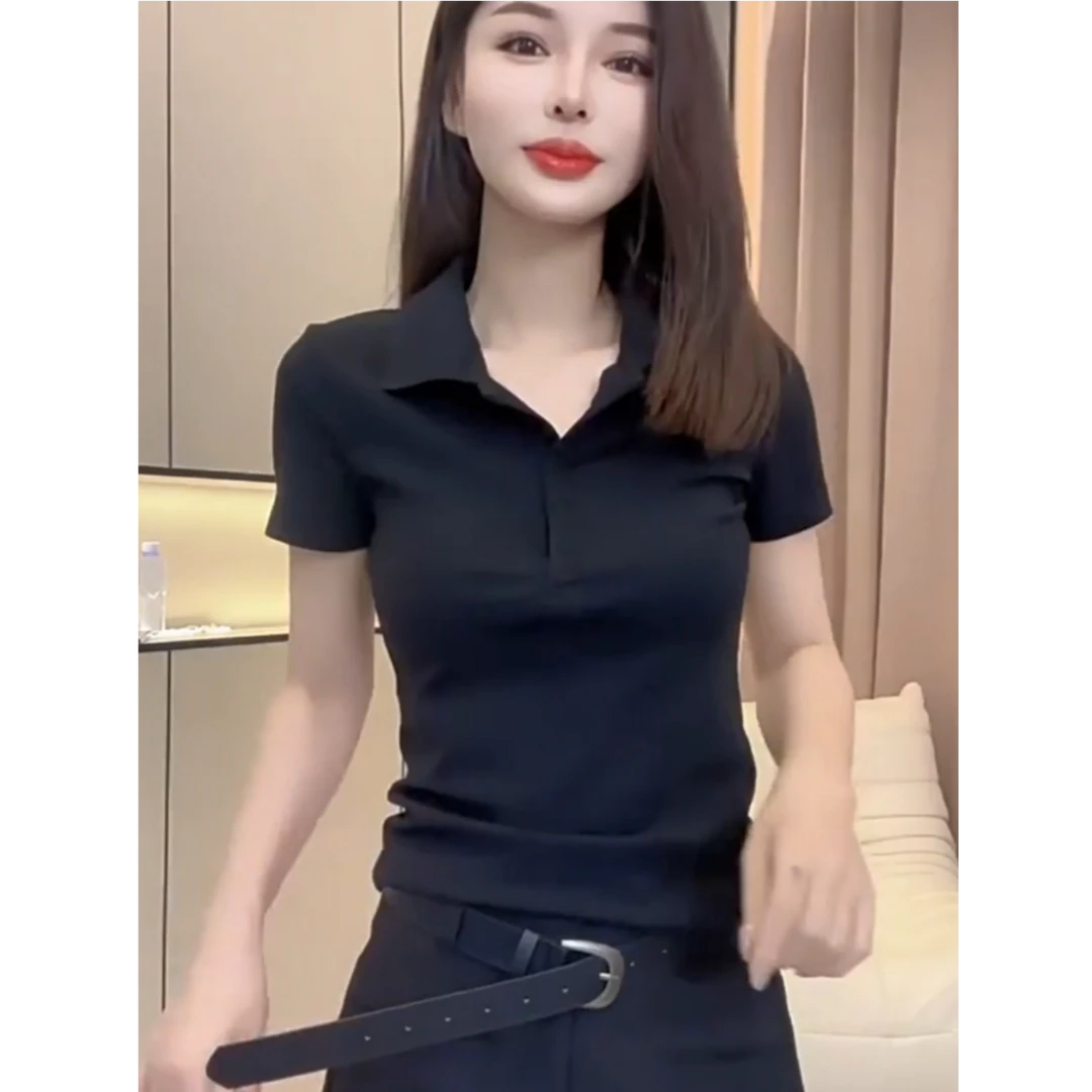 黑色POLO领短袖正肩T恤女夏季螺纹别致漂亮小衫设计感修身上衣潮