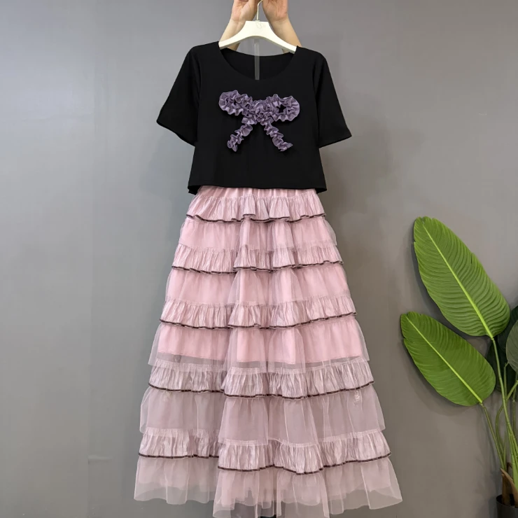 新款大码女装时尚洋气微胖显瘦蝴蝶结假两件设计甜美温柔蛋糕裙