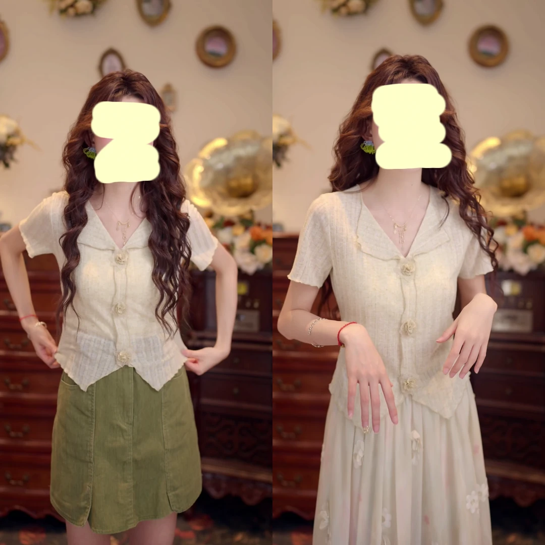 【梦寐少女】温柔V领短袖小衫女夏设计修身短款上衣显瘦小众