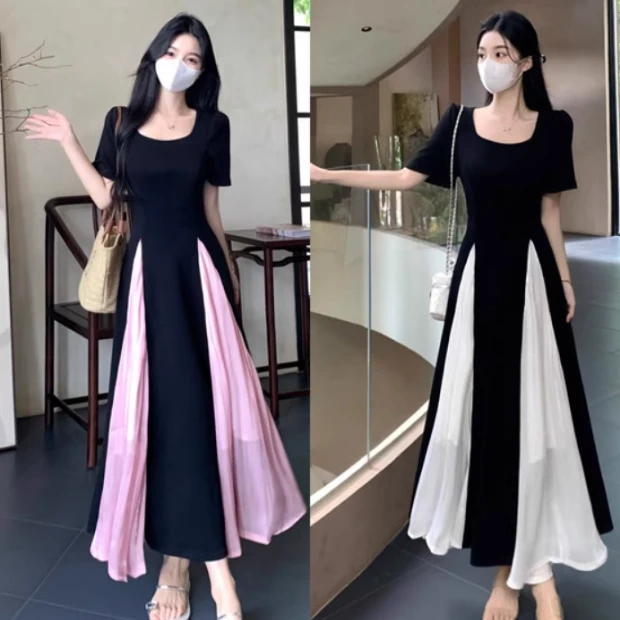 大码胖mm赫本风短袖连衣裙女夏季新款气质小黑裙收腰显瘦裙子1557
