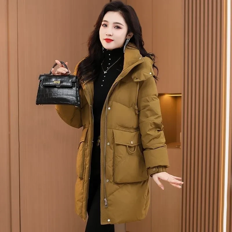 棉服女中长款2024新款韩版宽松时尚棉衣冬季加厚保暖棉袄连帽外套