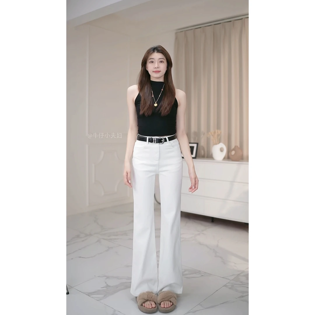 牛仔小夫妇-糯米白-直筒微喇早秋梨形必入四面弹宽松筒喇牛仔裤