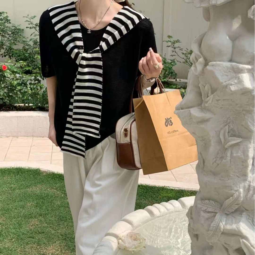 韩系夏季新款竹节麻针织衫配披肩短袖假两件网红时尚休闲百搭条纹