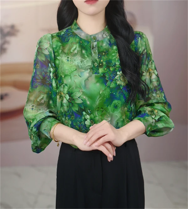 步步生莲高端女士春装衬衫2025春季新款时尚宽松碎花百搭上衣