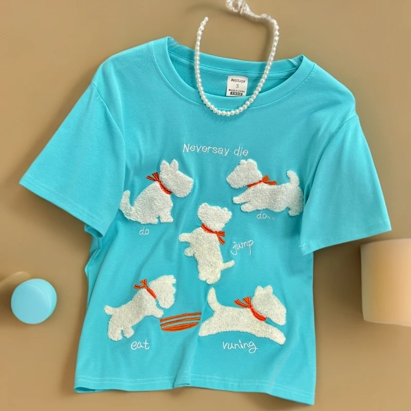 夏季大码纯棉时尚刺绣短袖T恤2025新款湖蓝色休闲百搭正肩上衣