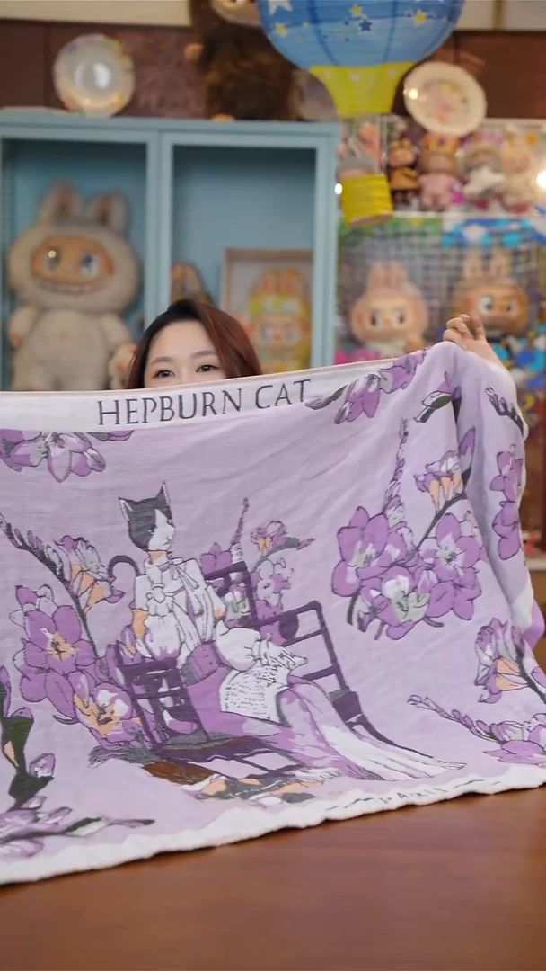 陶78-赫本猫浴巾-紫色色80*160cm