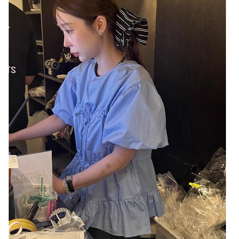 高端货~复古泡泡袖短袖衬衫女夏季设计感蓝色系带皱褶显瘦小上衣