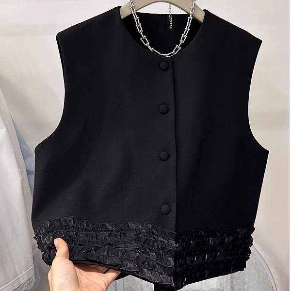 韩系花边下摆拼接皮衣马甲女2025春季新款小个子韩版圆领无袖马夹