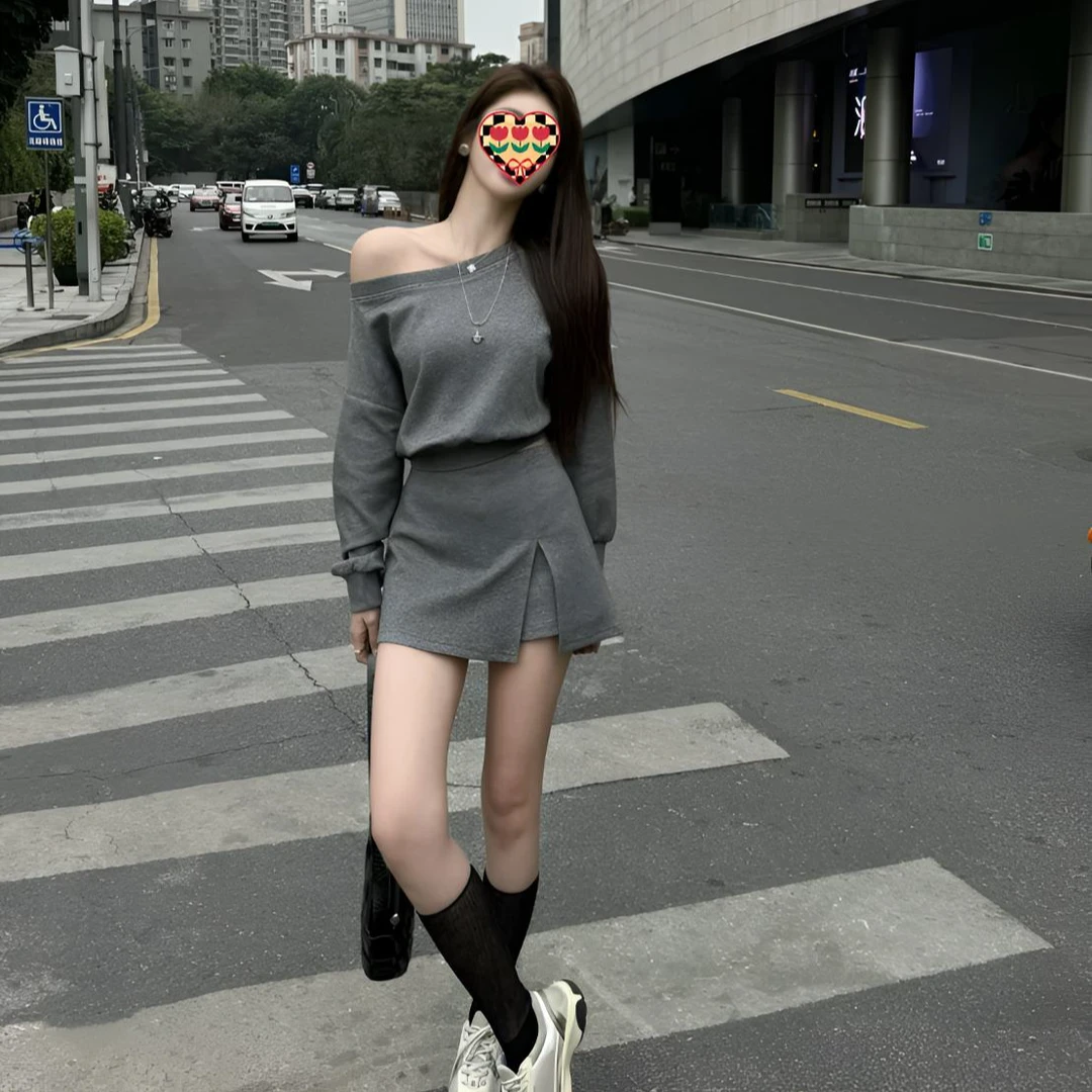 【XY】美式调 一字露肩辣妹时尚长袖气质卫衣A开叉半身裙裤套装