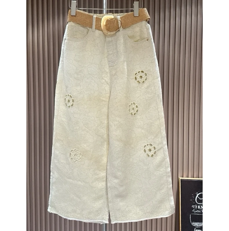 夏季薄款大码女装镂空提花高腰阔腿八分牛仔裤显瘦百搭