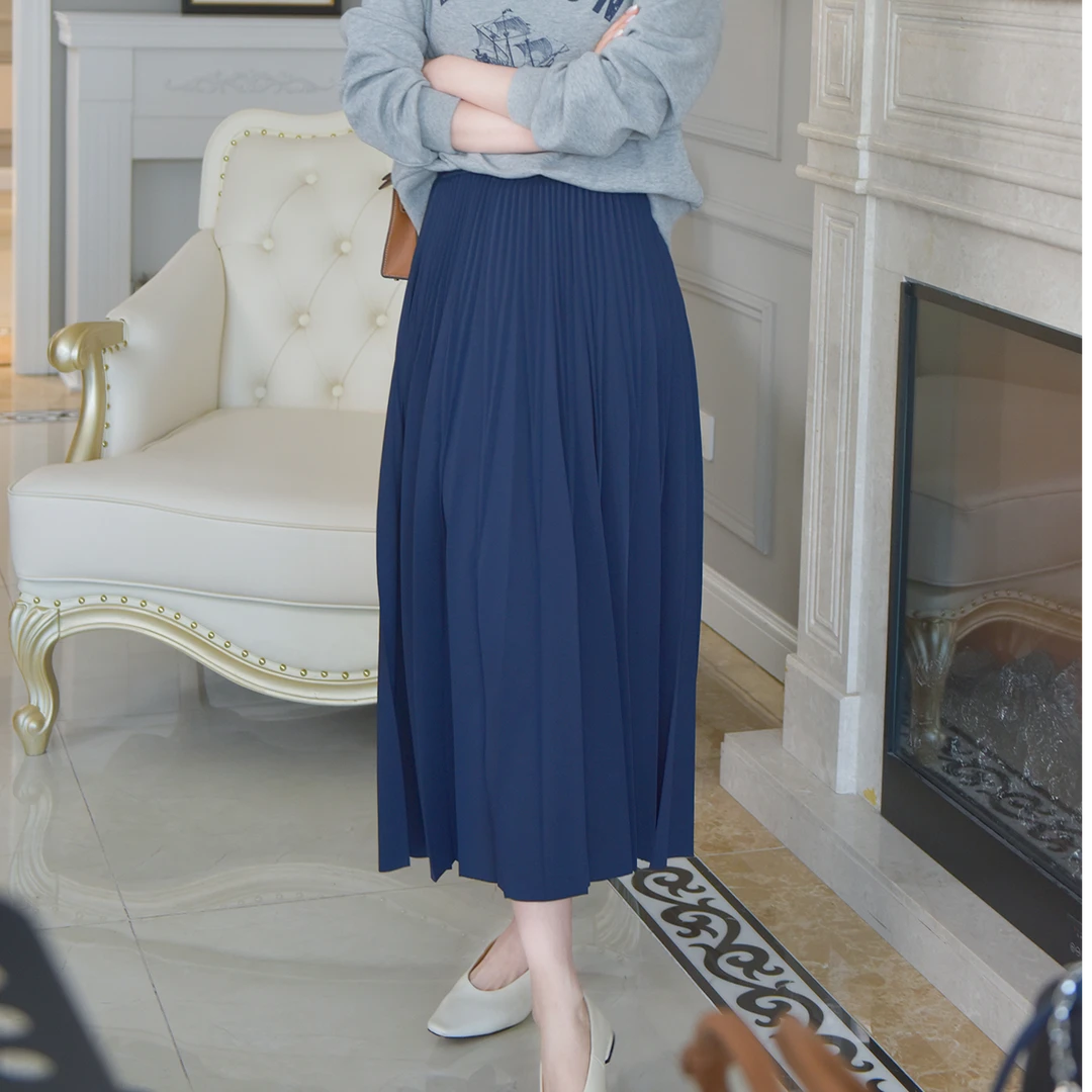短视频VEE【春游】新款简约百搭松紧腰百褶长半裙A字裙中长裙