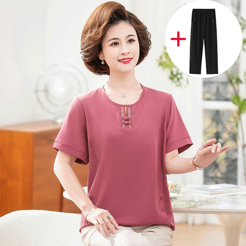 妈妈夏装套装两件套中老年女装短袖时尚休闲