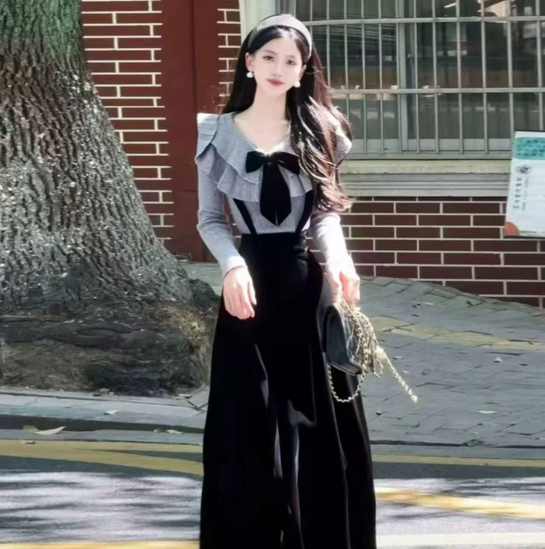 韩国小镇～韩系早秋穿搭荷叶边金丝绒连衣裙女得体针织衫两件套