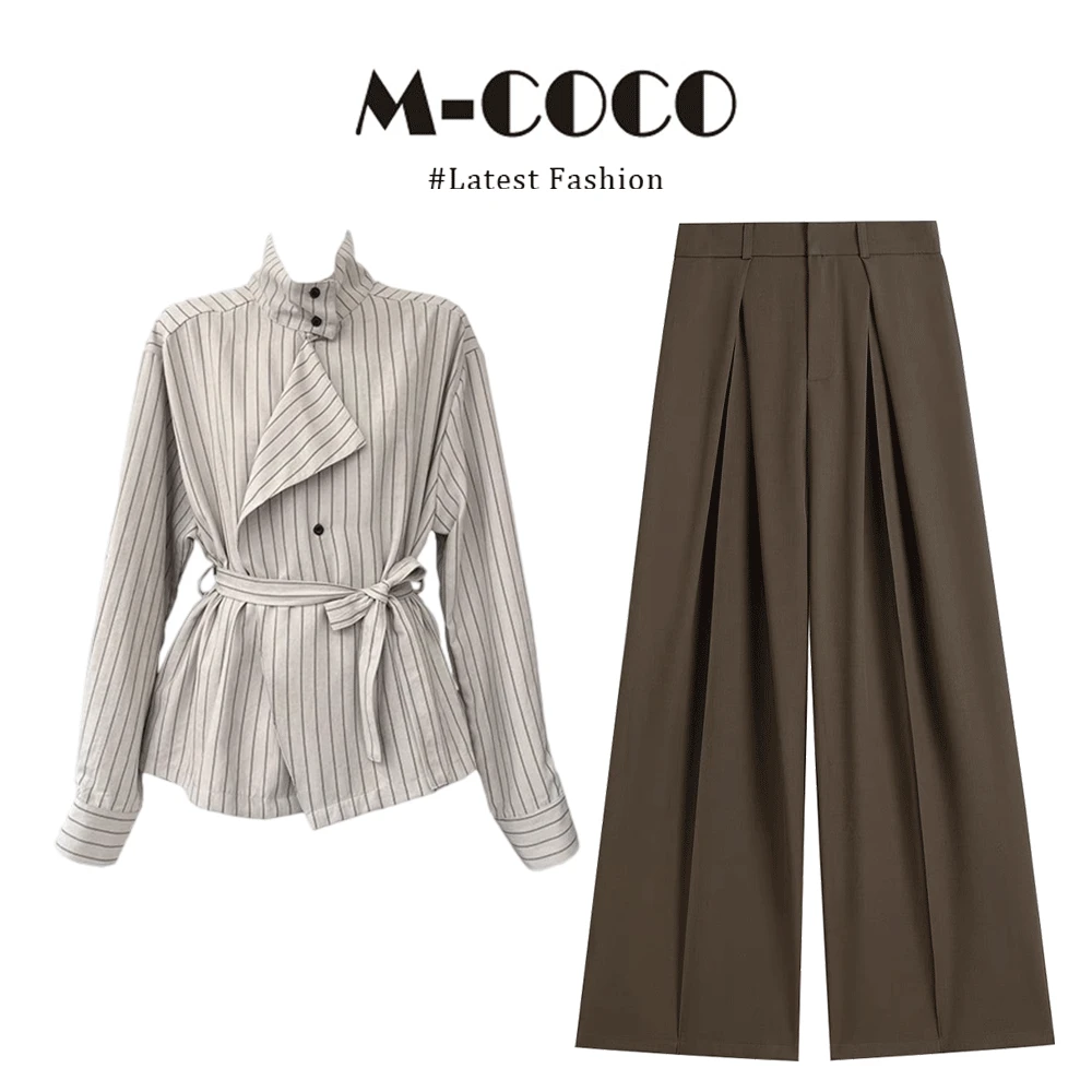 MARIE.COCO美拉德通勤条纹长袖衬衫上衣2025早秋直筒休闲裤两件套