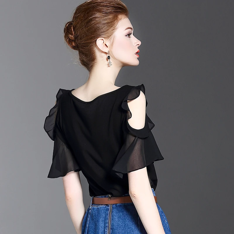 黑色一字领荷叶露肩上衣性感体恤夏季修身显瘦t恤女短袖