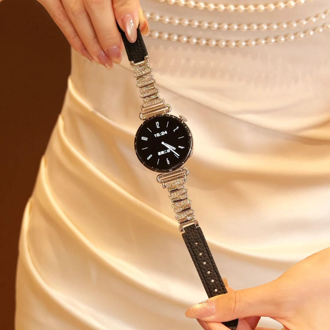 新款不规则镶钻真皮表带适用华为gt6黑天鹅手表带女款金属表带