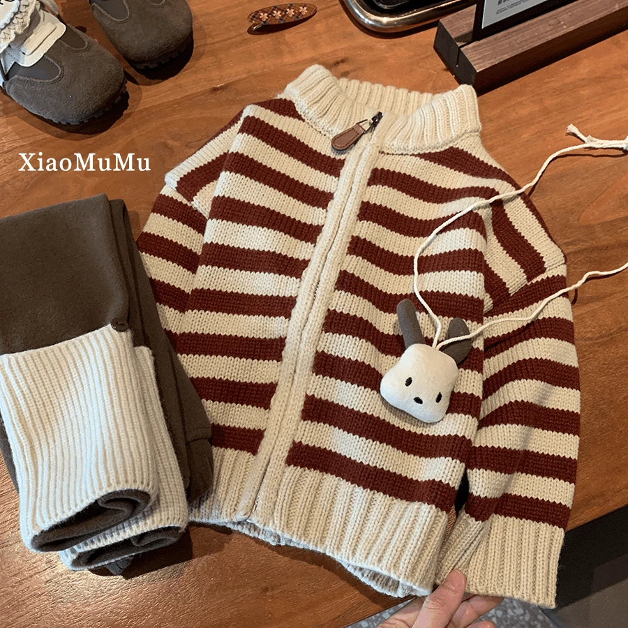 24457女童毛衣外套韩系穿搭2024新款小童宝宝条纹女宝开衫