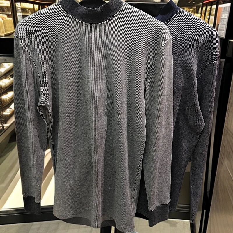 9059男士条纹棉收口保暖内衣套装半高领