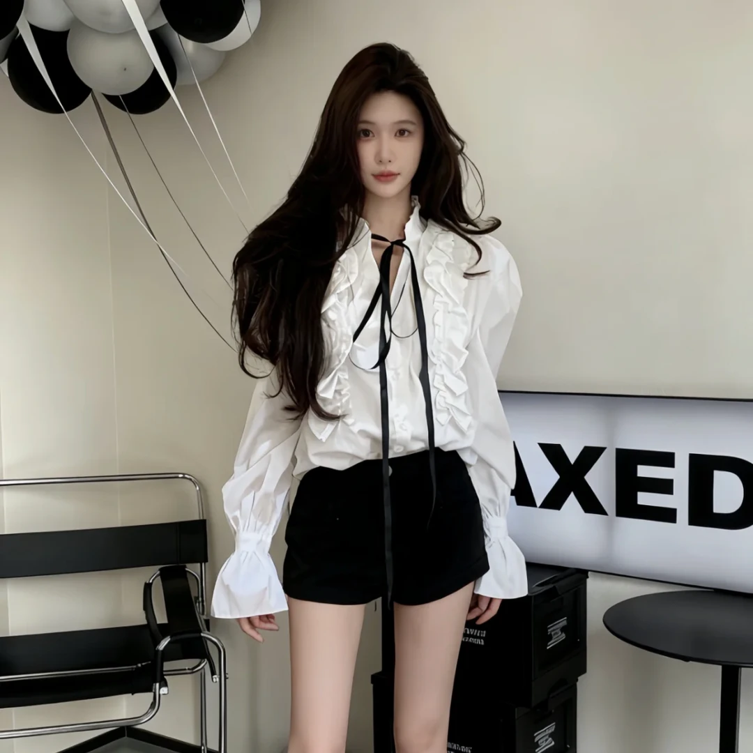 甜美减龄感设计感系带V领衬衫上衣女2025新款名媛风气质长袖衬衣