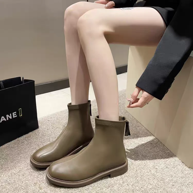 6867新款圆头软皮简约后拉链舒适百搭显瘦马丁靴