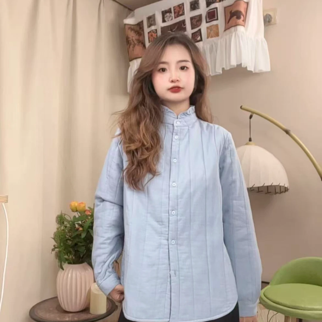 冬季女装夹棉外套绗棉木耳领衬衫休闲加厚棉服加棉棉衣37155