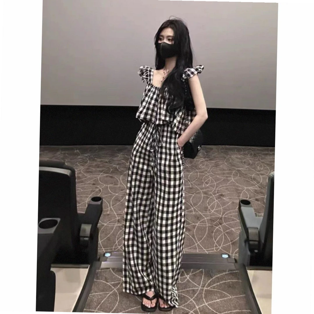 2024夏季新款女装黑白格子飞飞袖连体裤棋盘格宽松夏季时尚休闲