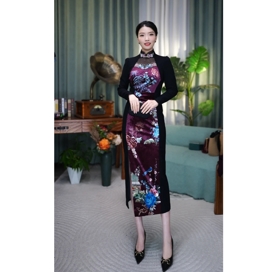 【紫气东来】SUSSI/古色冬季新品商场同款酒红底印花高级立领连衣裙