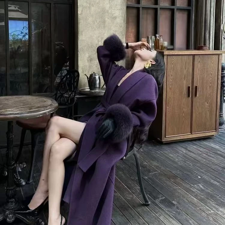 冬季长款褶皱秋冬中长款毛呢外套网红设计师大衣