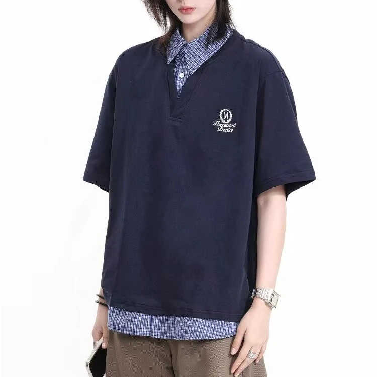 夏季学院风假两件短袖男女格子拼接polo衫t恤翻领复古休闲上衣潮