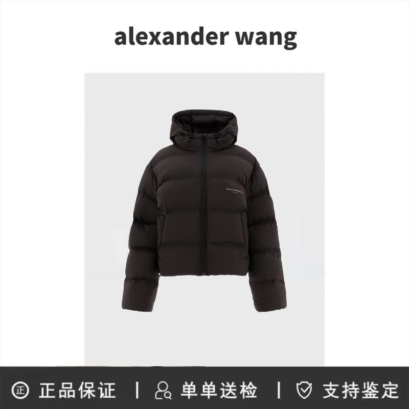 alexander wang亚历山大王 字母徽标印花抽绳连帽拉链长袖羽绒服