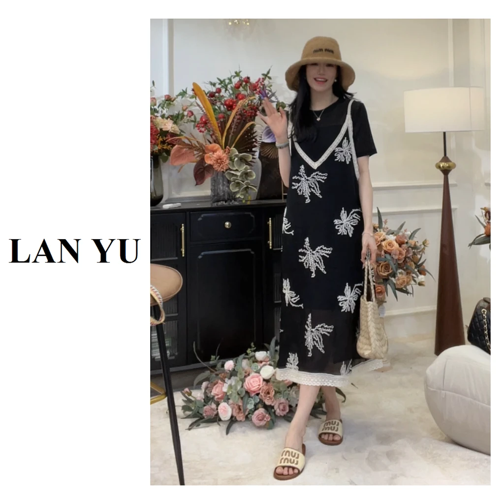 T恤裙+吊带裙【仲夏霜花】欧货高品两件套重工小众刺绣吊带裙套装