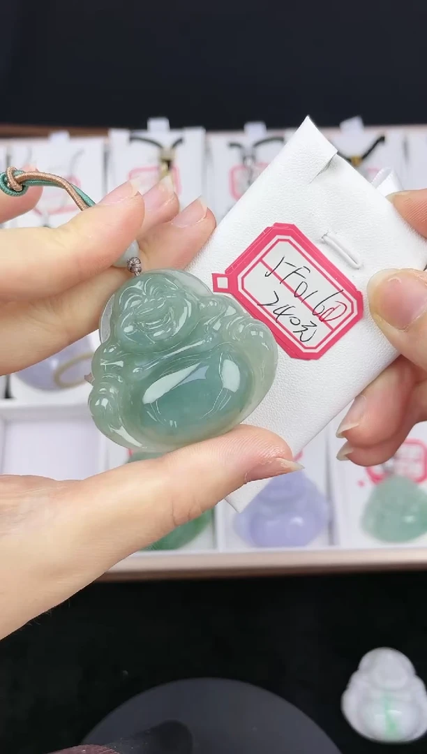翡翠未镶嵌颈饰孤品5F016翡翠冰菠菜绿中大佛送同款绳