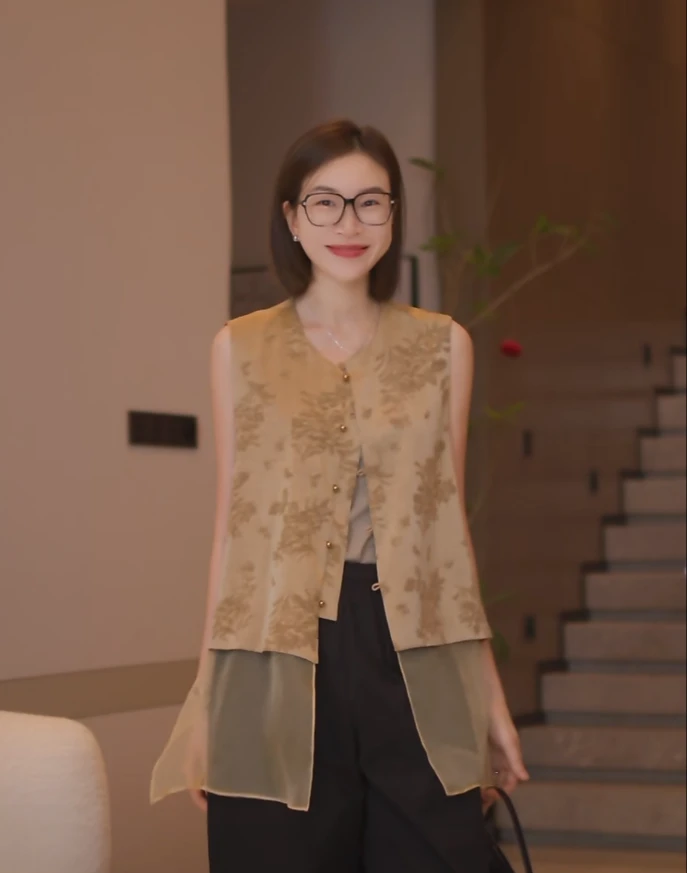 072 & RICE【海棠朵朵】夏季休闲香云纱拼接马甲 A-32NYJY08