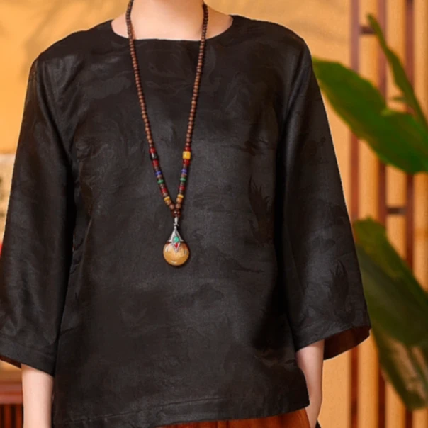 君  新中式风 桑蚕丝 37268  重锻皮子老料  【云中凰】黑色上衣