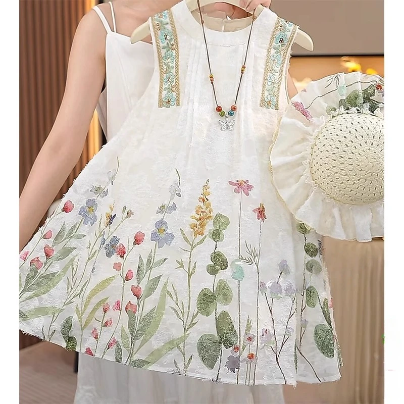 女童无袖连衣裙2025夏季新款超薄碎花度假风背心公主裙沙滩裙洋气