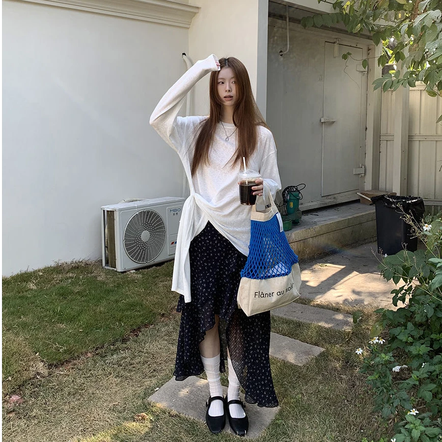 【有内里】半身裙女春夏黑色长裙碎花不规则法式气质裙子