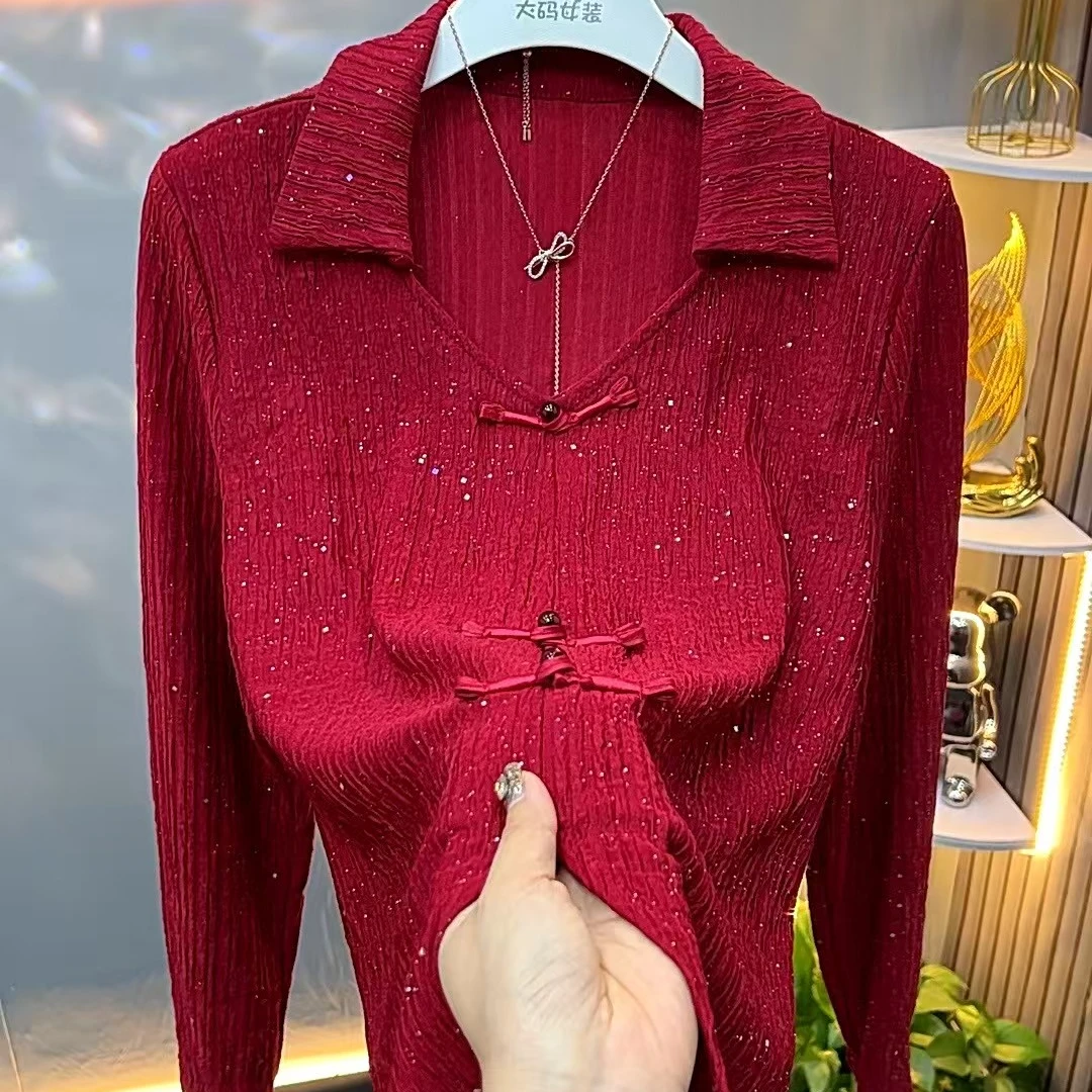 欧货复古新中式翻领盘扣高级感亮片打底衫