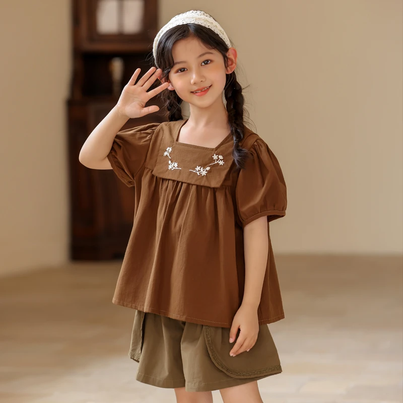 〖姐姐家〗2025夏款儿童翻领刺绣泡泡袖娃娃衫衬衫SY3060